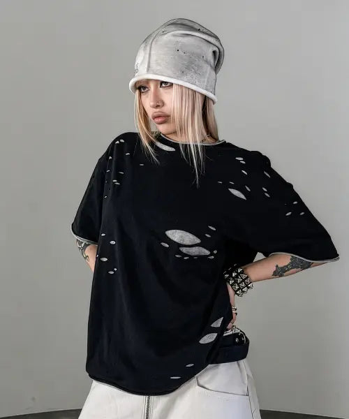 [ROARINGRAD] W.Double Layered Damage T-shirt Black / W.더블 레이어드 데미지 티셔츠 블랙