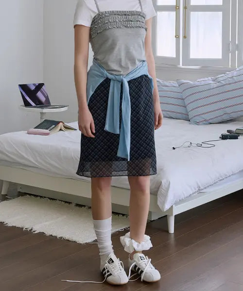 [AFTERHOURS] Chiffon Midi Skirt (Black Check) / CHIFFON MIDI SKIRT (BLACK-CHECK)