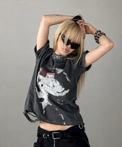 [ROARINGRAD] W.Frayed Scatter T-shirt Black / W.프레이드 스케터 티셔츠 블랙