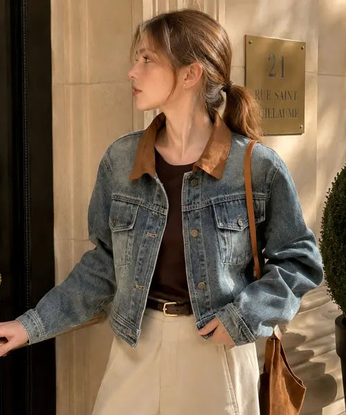 [VASCARA] Vintage Washed Color-Blocked Collar Cropped Denim Jacket