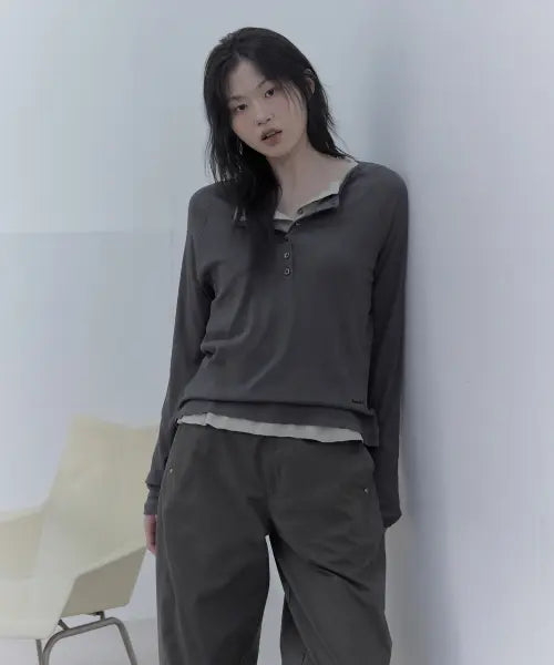 [HAVEAWHALE] henley neck t-shirt (DG)