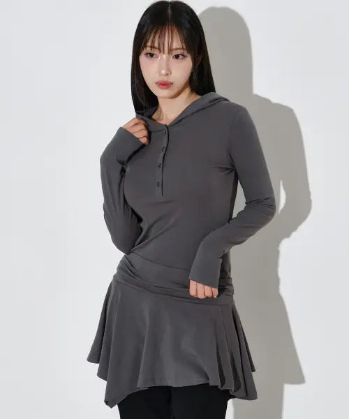 [HELENE PARIS] Henley Hooded Shirring Flare Dress [Deep Gray] / 헨리 후드 셔링 플레어 원피스 [딥 그레이]