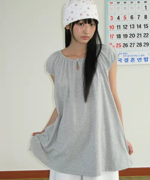[RONRON] BUTTON PUFF SHIRRING DRESS GREY