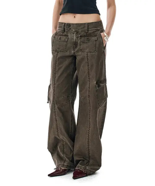 [SECONDMONO] Washed Low-Rise Cargo Pant [BROWN]_SEWPT014BROWN
