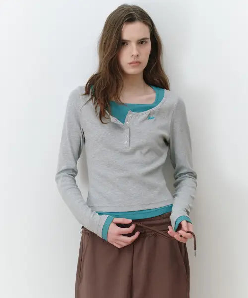 [ROLAROLA] LAYERED HENRYNECK LONG SLEEVE M/GY+TE/GR