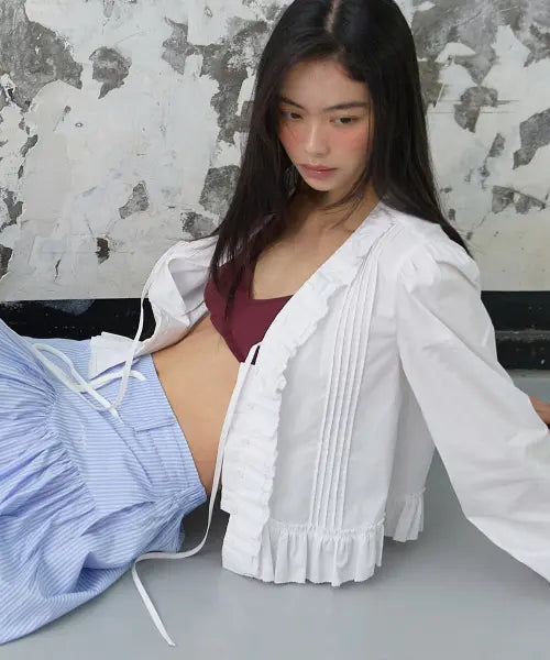 [MICHIKO LONDON KOSHINO] Pin-tuck Frill Blouse White / 핀턱 프릴 블라우스 화이트