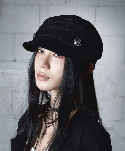 [NOTKNOWING] Draped Button Knit Cap (BLACK)