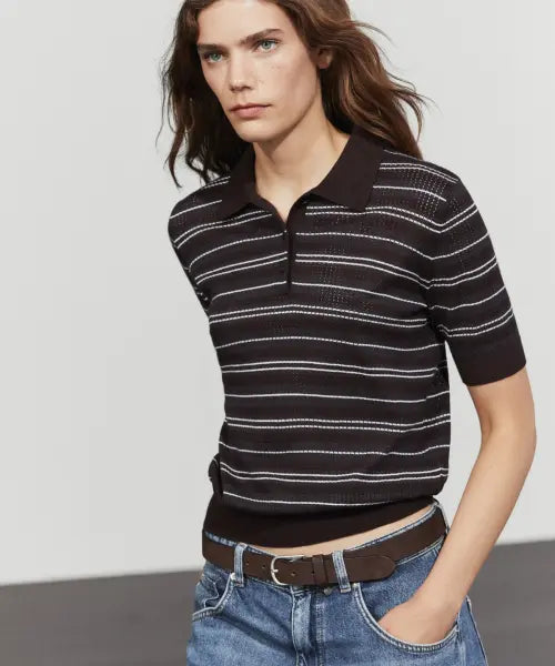[MASSIMO DUTTI] Cotton Blend Stripe Openwork Polo Shirt / 코튼 블렌드 스트라이프 오픈워크 폴로셔츠