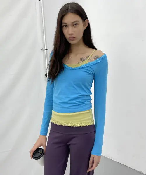 [PARTIMENTO WOMEN] PWC Lace Trim Layered Top (Set) - 7 Colors / PWC (세트) 레이스 트림 레이어드 탑_7컬러