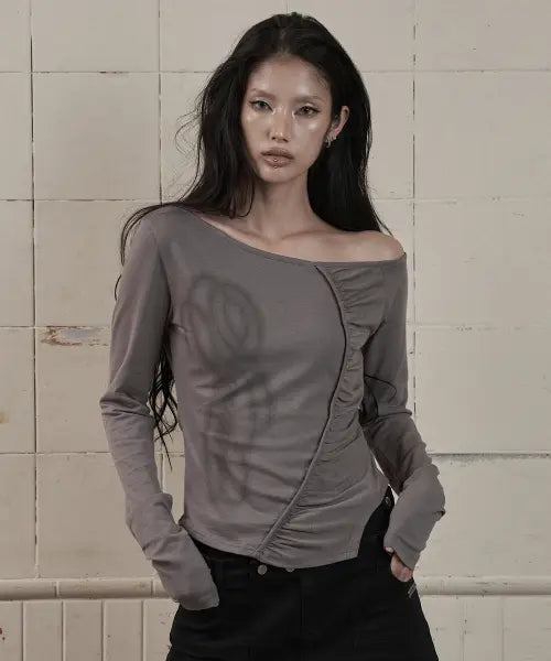 [AS YOU ARE] ONE-SHOULDER SHIRRING LONG SLEEVE GREY / 원숄더 셔링 롱슬리브 그레이