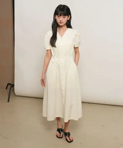 [GENERALIDEA] woman stripe v-neck puff long one piece [vanilla] / 스트라이프 브이넥 퍼프 롱 원피스 [VANILLA] / GF2LOP514
