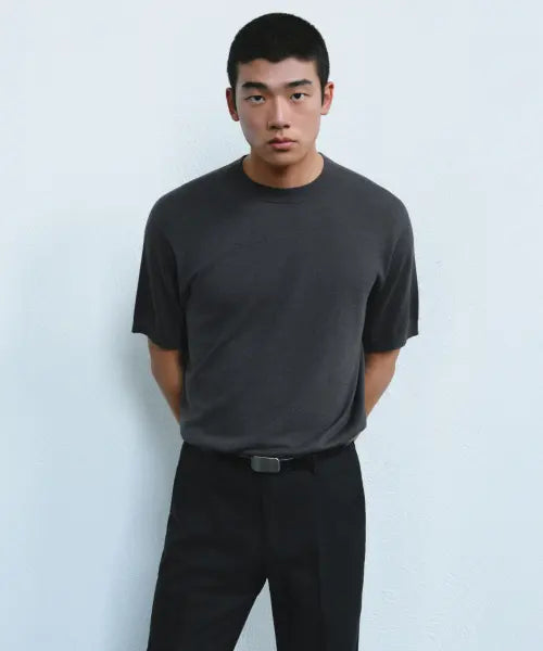 [MUSINSA STANDARD] Plus Silk & Cashmere Blend Short Sleeve Knit - Grey / [플러스] 실크\u0026캐시미어 블렌드 반소매 니트 [그레이]
