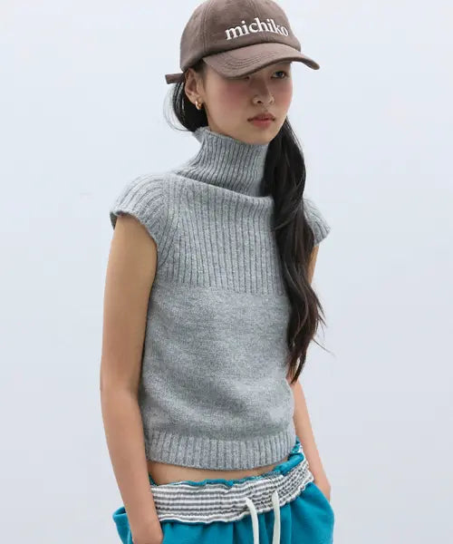 [MICHIKO LONDON KOSHINO] High-neck Cap Sleeve Wool Knit Menlange grey / 하이넥 캡 슬리브 울 니트 멜란지 그레이