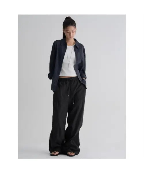 [8SECONDS] Nylon Knee-Pleated Banding Pants - Black / 나일론 무릎턱 밴딩 팬츠  블랙