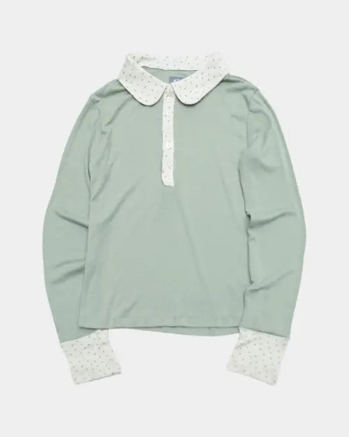 [SOME PLACE] Punching Flower Point Multi Crop Long Sleeve Collar Snap T-Shirt [Green] / 펀칭 플라워 포인트 멀티 크롭 롱슬리브 카라 스냅 티셔츠 [그린]