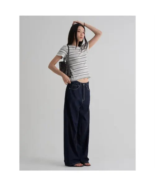 [8SECONDS] Modal Spandex Layered T-shirt_Stripe Grey / 모달 스판 레이어드 티셔츠_스트라이프  그레이