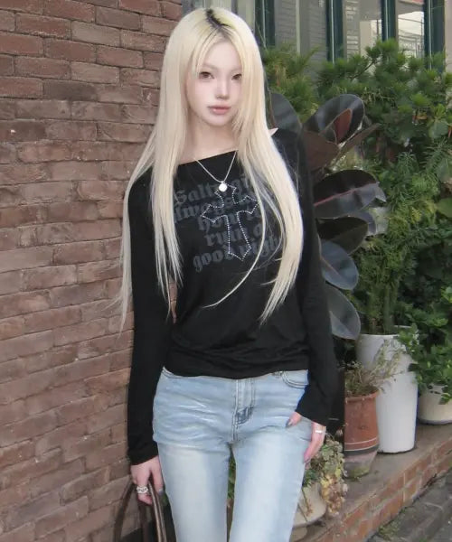 [SECONDSALT] SALTY GIRL RHINESTONE SHEER LONG SLEEVE TOP (BLACK) / 솔티걸 핫픽스 시스루 롱 슬리브 (블랙)