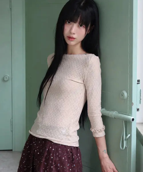 [SOME PLACE] Wrinkle Frill Accent Boat Neck Semi-Slim 3/4 Long Sleeve T Shirt_3COLOR / 링클 프릴 포인트 보트넥 세미 슬림 7부 롱슬리브 티셔츠_3COLOR
