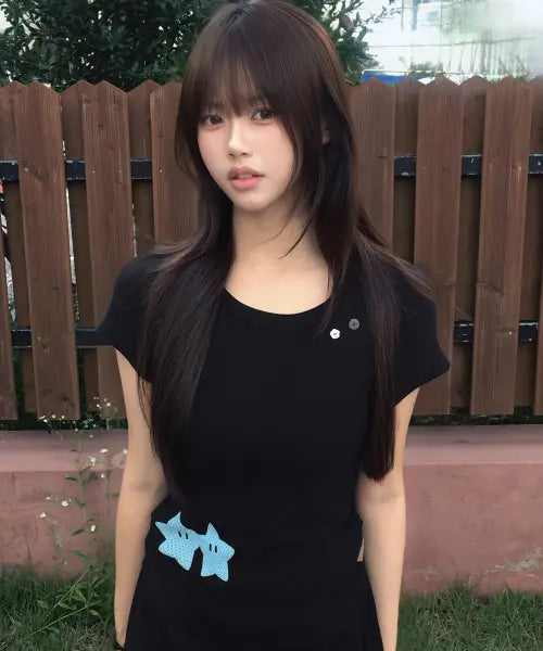 [FUZZY SCAN] Button Hole Hand Star Short Sleeve T-Shirt Black / 버튼 홀드 핸드 스타 슬림반팔 블랙