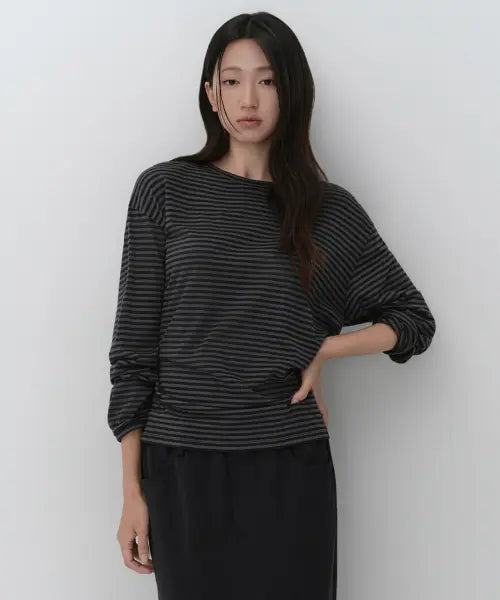 [MUSINSA STANDARD WOMAN] Women's CR Stripe Relaxed Long Sleeve T-Shirt [Black] / 우먼즈 CR 스트라이프 릴렉스드 긴소매 티셔츠 [블랙]