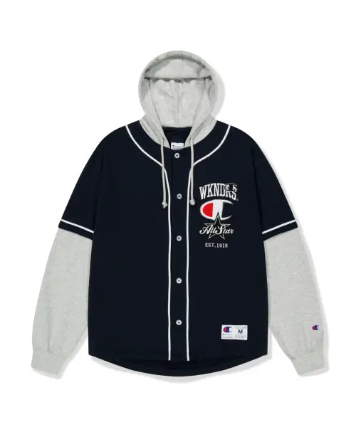 [WKNDRS] WKNDRS x CHAMPION LAYERED BASEBALL SHIRT JK (NAVY)