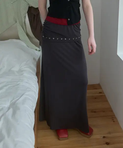 [PISCESS] Side Shirring Long Skirt_Charcoal / 사이드 셔링 롱 스커트_차콜