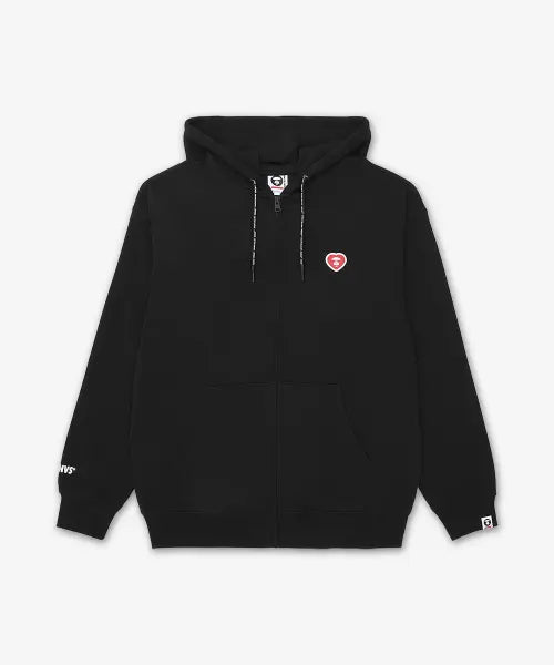 [AAPE] Moonface Heart Small Logo Zip-Up Hoodie - Black / 문페이스 하트 스몰 로고 집업 후드 - 블랙 / AAPSWMD346XXQBKX
