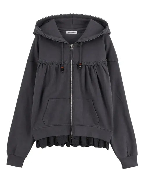 [HIGH SCHOOL DISCO] Lace cozy Hoodie Zip Up_Charcoal / 레이스 코지 후드집업_차콜