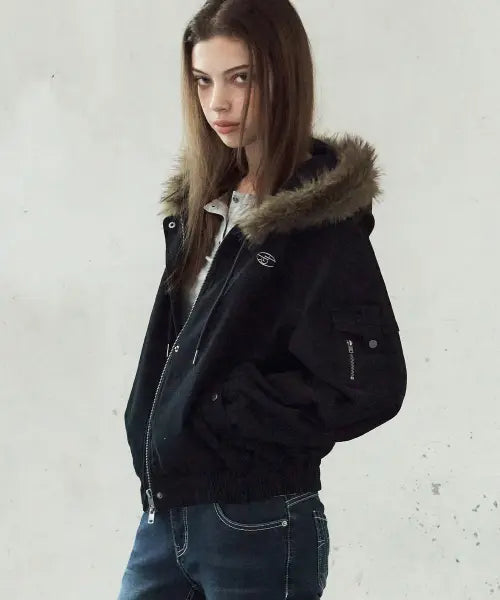 [LEATHERY] Washed Fur Hood Jacket [BLACK] / 워시드 퍼 후드 자켓 [BLACK]