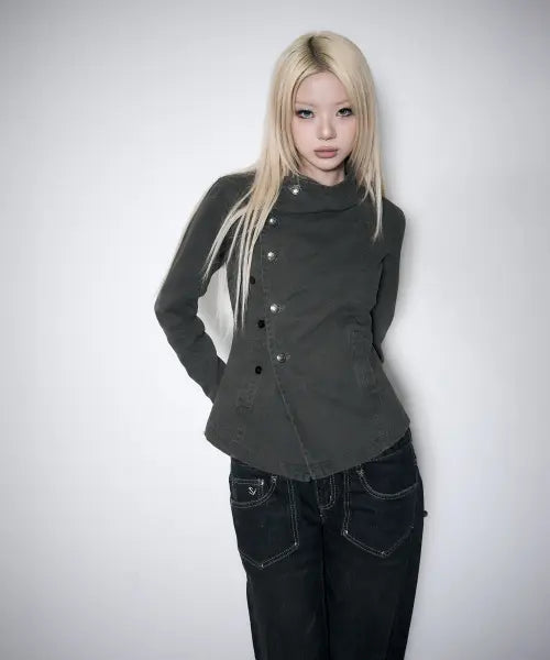 [SCHISM INDUCING] ASYMMETRIC BUTTON COWL JACKET KHAKI