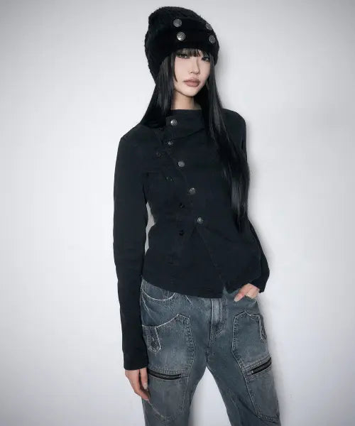 [SCHISM INDUCING] Asymmetric Button Cowl Jacket Black