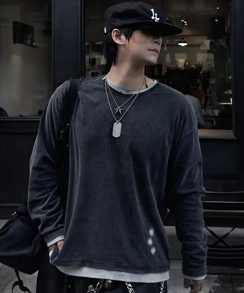 [XTONZ] XTT168 Dust Washing Layered Crop Long Sleeve (Black) / XTT168 더스트 워싱 레이어드 크롭 롱슬리브 (BLACK)