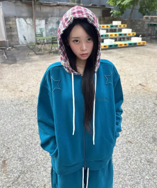 [WAIKEI] Check Star Embroidery Hoodie Zip Up TEAL GREEN / 체크 스타 자수 후드 집업 틸그린
