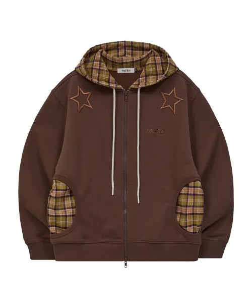 [WAIKEI] Check Star Embroidery Hoodie Zip Up BROWN / 체크 스타 자수 후드 집업 브라운