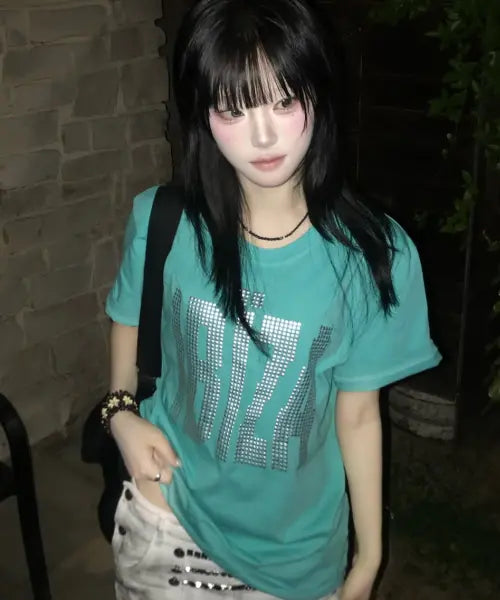 [FANCY CLUB] IBIZA RHINESTONE TEE (MINT) F26QB401 / 이비자 라인스톤 티 (MINT) F26QB401