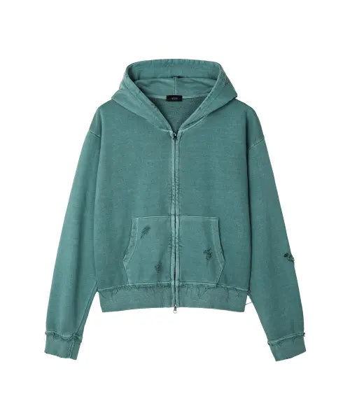[NOISE] WASHED DISTRESSED CROPPED ZIP-UP HOODIE / 워시드 데미지 크롭 후드 집업_[GREEN]