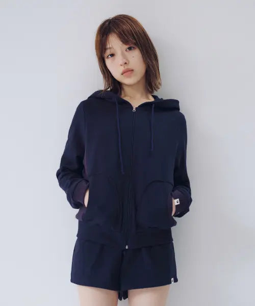 [OHESHIO] TWO-TONE WAFFLE HOODED ZIP-UP, NAVY
