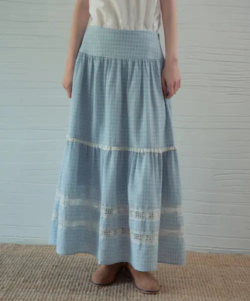 [OURNOSTALGIA] Mora Lace Check Tiered Skirt_Light Blue(OB6SK14)