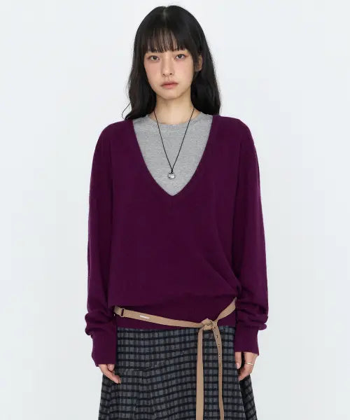[MONGDOL] Wool Cashmere Deep Vneck Knit Top Purple MDKT138PURPLE / 울 캐시미어 딥 브이넥 니트 탑 퍼플 MDKT138PURPLE