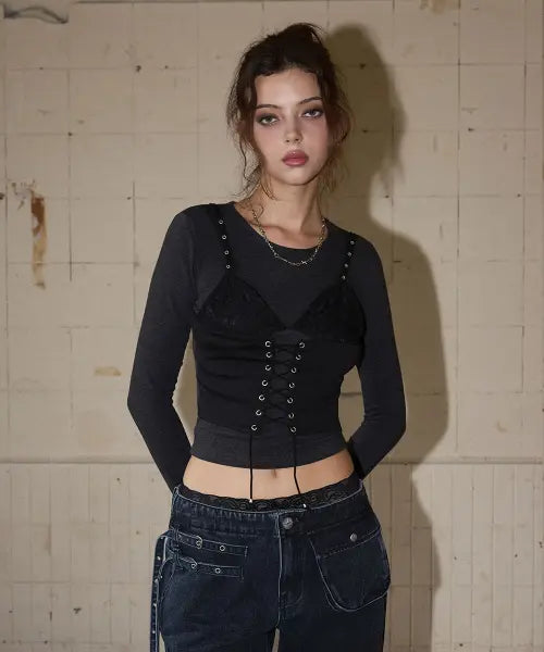 [NO EXTRA TOUCH] Bustier Layered Long Sleeve Tee (Charcoal) / 26FWTS003CH