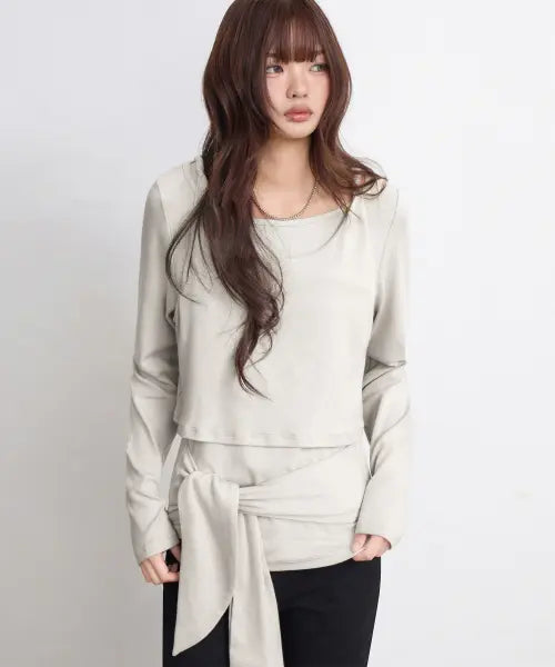[EUGGEN] [SET] LAYERED BUSTIER LONG SLEEVE_SAND GRAY / [set] 레이어드 뷔스티에 롱 슬리브_샌드 그레이