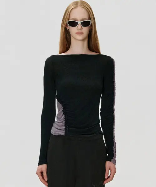 [KIMZISU] Colour Block Shirred T-shirt_BLACK