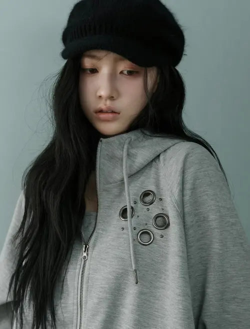 [LOOXP] Raglan Eyelet Oversized Hooded Zip-Up Grey / 나그랑 아일렛 오버핏 후드집업 그레이