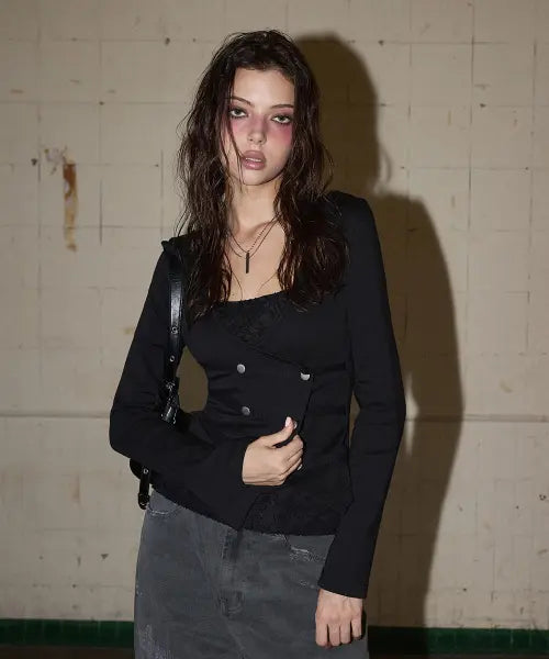 [NO EXTRA TOUCH] Double Button Layered Hoodie Jersey Cardigan (Black) / 26FWKC003BK