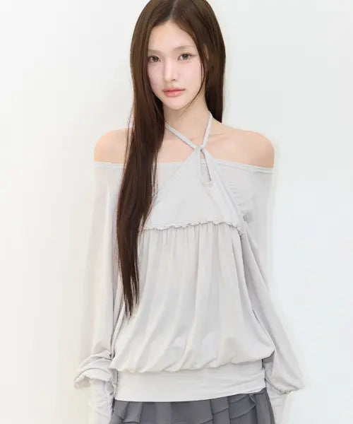 [ILLIGO] SHEER STRAP LONG SLEEVE GREY / 시어 스트랩 롱슬리브 그레이