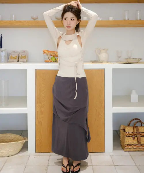 [SECONDSALT] SHIRRED ASYMMETRIC LAYERED LONG SKIRT (CHARCOAL) / 셔링 언밸런스 레이어드 롱 스커트 (차콜)