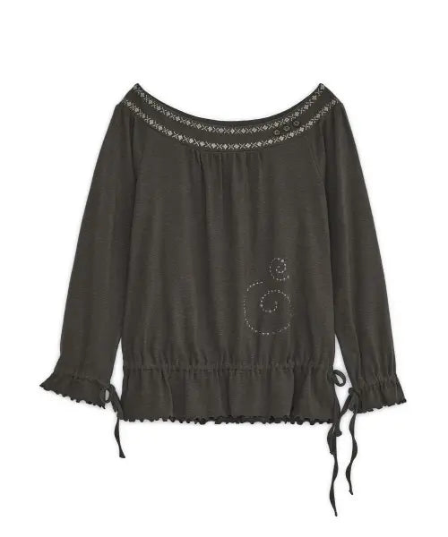 [HUG YOUR SKIN] Nordic needlework off-shoulder top (Brown) / 노르딕 니들워크 오프숄더 탑 (브라운)