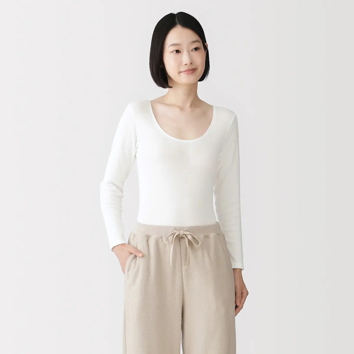 [MUJI] Women's Warm Cotton U-Neck 8/10 Sleeve T-Shirt / 여성 따뜻한 면 U넥 8부소매 티셔츠