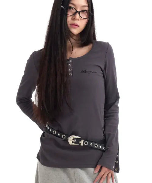 [ROGIN N ROSIE] Side Button Detailed Slim-Fit Long Sleeve Dark gray