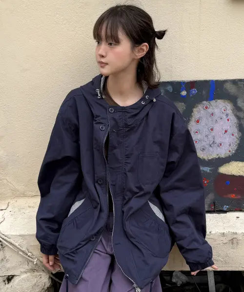 [SOME PLACE] Colorblock Pocket Pintuck String Cotton Button Hooded Zip-Up Field Jacket / 체크 배색 포켓 핀턱 스트링 코튼 버튼 후드 집업 야상 자켓 점퍼 [네이비]